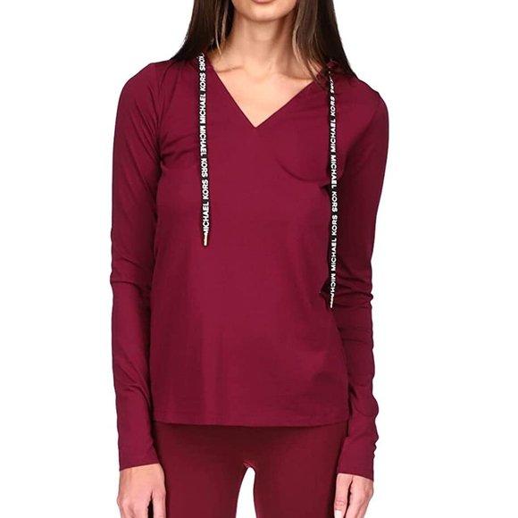 MICHAEL Michael Kors V-Neck Fitted Sweat T-Shirt in Dark Ruby - Large - Picture 1 of 3
